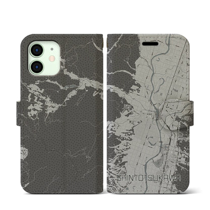 【新十津川（北海道）】地図柄iPhoneケース（手帳タイプ）モノトーン・iPhone 12 mini 用