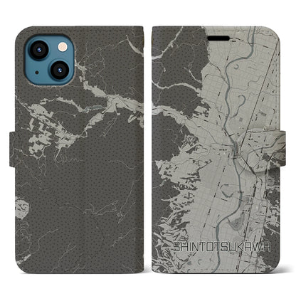 【新十津川（北海道）】地図柄iPhoneケース（手帳タイプ）モノトーン・iPhone 13 用