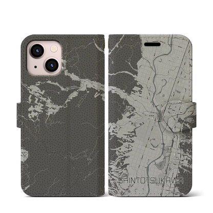 【新十津川（北海道）】地図柄iPhoneケース（手帳タイプ）モノトーン・iPhone 13 mini 用