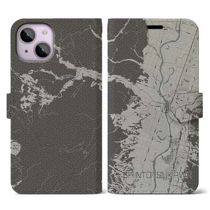 【新十津川（北海道）】地図柄iPhoneケース（手帳タイプ）モノトーン・iPhone 14 用