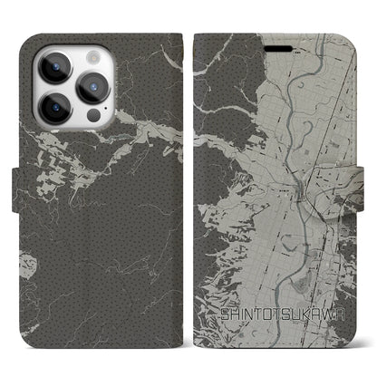【新十津川（北海道）】地図柄iPhoneケース（手帳タイプ）モノトーン・iPhone 14 Pro 用