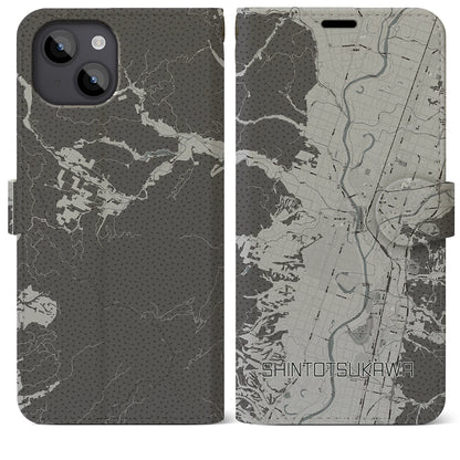 【新十津川（北海道）】地図柄iPhoneケース（手帳タイプ）モノトーン・iPhone 14 Plus 用