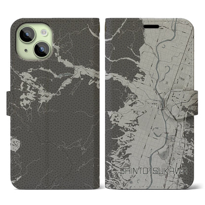 【新十津川（北海道）】地図柄iPhoneケース（手帳タイプ）モノトーン・iPhone 15 用