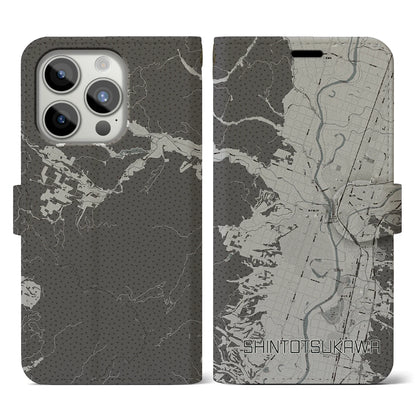 【新十津川（北海道）】地図柄iPhoneケース（手帳タイプ）モノトーン・iPhone 15 Pro 用