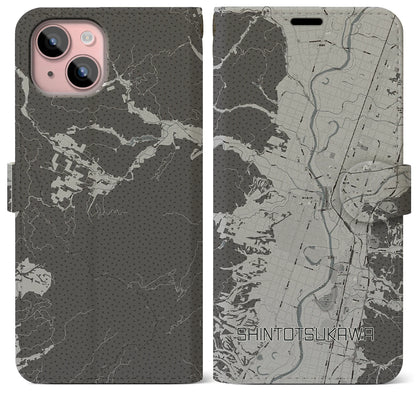 【新十津川（北海道）】地図柄iPhoneケース（手帳タイプ）モノトーン・iPhone 15 Plus 用
