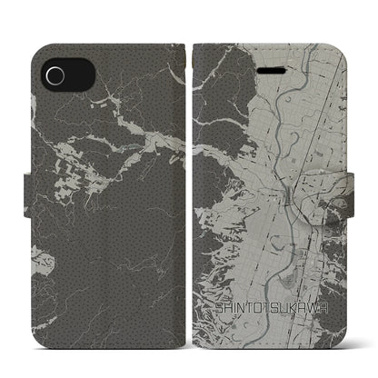 【新十津川（北海道）】地図柄iPhoneケース（手帳タイプ）モノトーン・iPhone SE（第3 / 第2世代） / 8 / 7 / 6s / 6 用