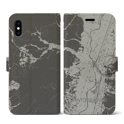 【新十津川（北海道）】地図柄iPhoneケース（手帳タイプ）モノトーン・iPhone XS / X 用