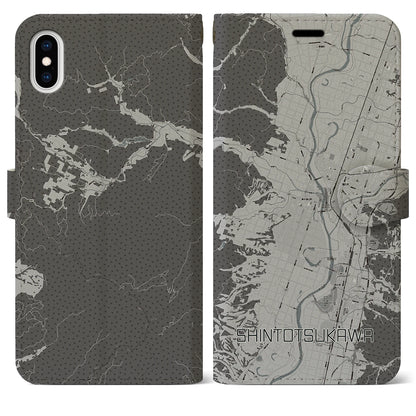 【新十津川（北海道）】地図柄iPhoneケース（手帳タイプ）モノトーン・iPhone XS Max 用