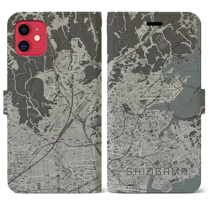 【塩竈（宮城県）】地図柄iPhoneケース（手帳タイプ）モノトーン・iPhone 11 用