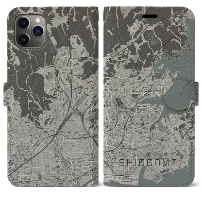 【塩竈（宮城県）】地図柄iPhoneケース（手帳タイプ）モノトーン・iPhone 11 Pro Max 用