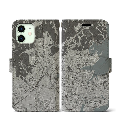 【塩竈（宮城県）】地図柄iPhoneケース（手帳タイプ）モノトーン・iPhone 12 mini 用