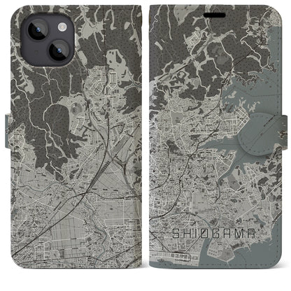 【塩竈（宮城県）】地図柄iPhoneケース（手帳タイプ）モノトーン・iPhone 14 Plus 用