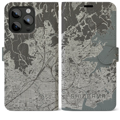 【塩竈（宮城県）】地図柄iPhoneケース（手帳タイプ）モノトーン・iPhone 15 Pro Max 用