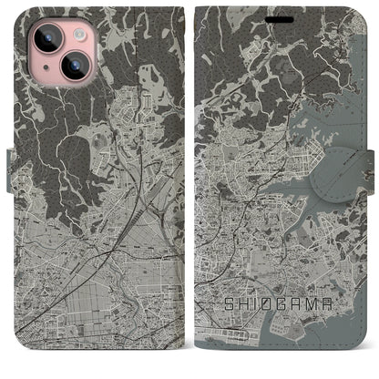 【塩竈（宮城県）】地図柄iPhoneケース（手帳タイプ）モノトーン・iPhone 15 Plus 用