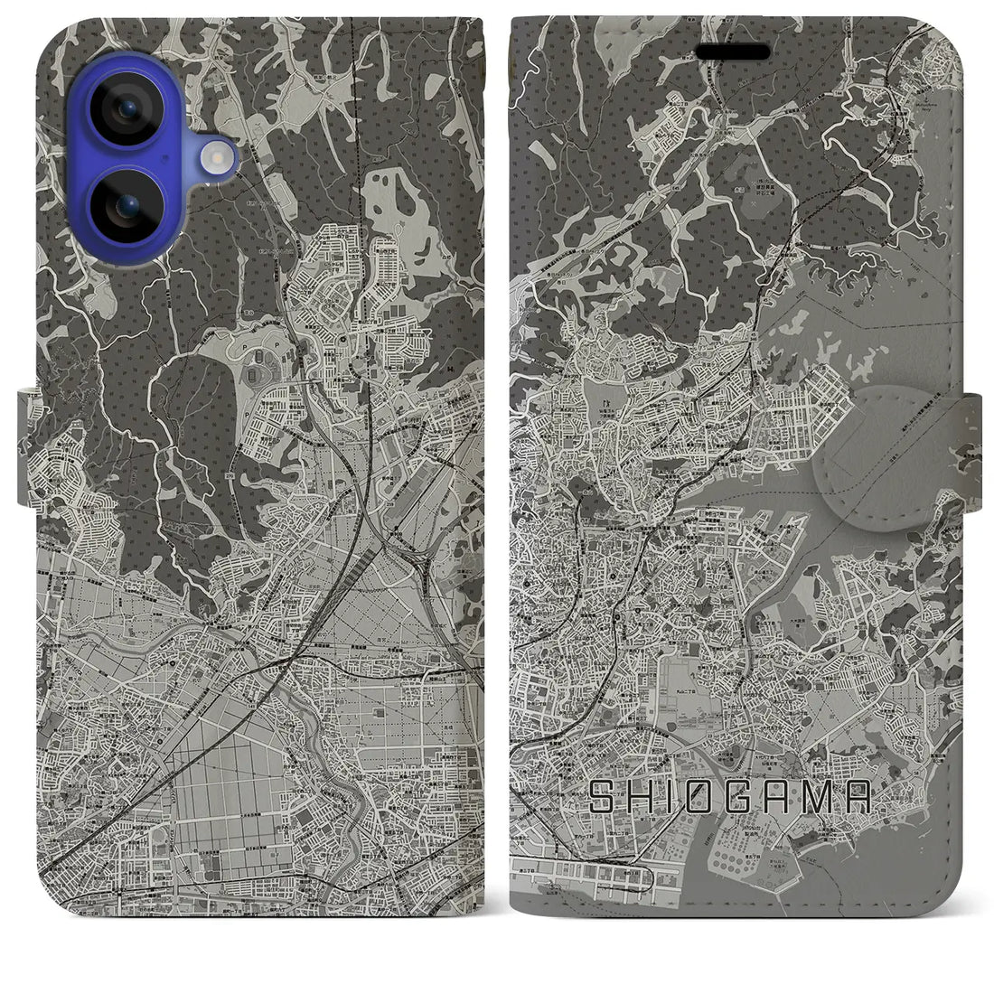 【塩竈(宮城県)】地図柄iPhoneケース(手帳タイプ)モノトーン・iPhone 16 Pro Max 用