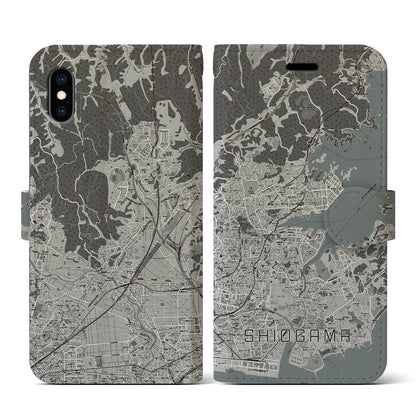 【塩竈（宮城県）】地図柄iPhoneケース（手帳タイプ）モノトーン・iPhone XS / X 用