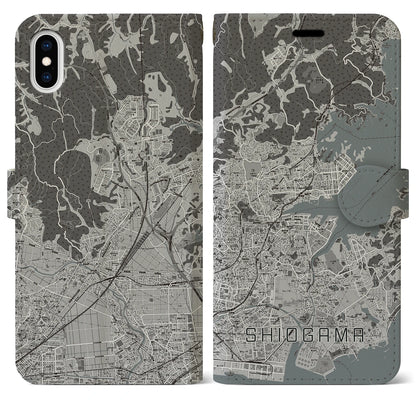 【塩竈（宮城県）】地図柄iPhoneケース（手帳タイプ）モノトーン・iPhone XS Max 用