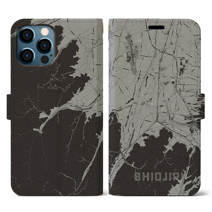 【塩尻（長野県）】地図柄iPhoneケース（手帳タイプ）モノトーン・iPhone 12 / 12 Pro 用