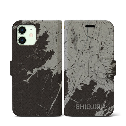 【塩尻（長野県）】地図柄iPhoneケース（手帳タイプ）モノトーン・iPhone 12 mini 用