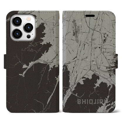 【塩尻（長野県）】地図柄iPhoneケース（手帳タイプ）モノトーン・iPhone 13 Pro 用