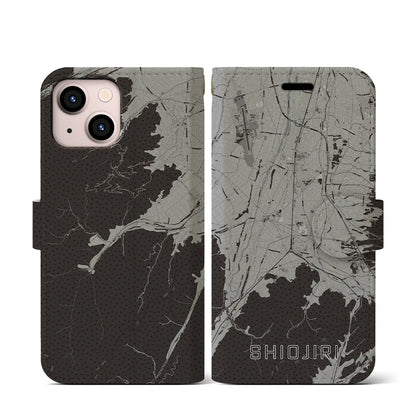 【塩尻（長野県）】地図柄iPhoneケース（手帳タイプ）モノトーン・iPhone 13 mini 用
