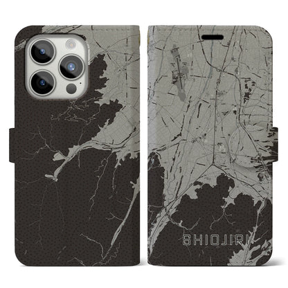 【塩尻（長野県）】地図柄iPhoneケース（手帳タイプ）モノトーン・iPhone 15 Pro 用