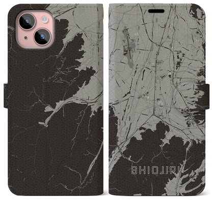 【塩尻（長野県）】地図柄iPhoneケース（手帳タイプ）モノトーン・iPhone 15 Plus 用