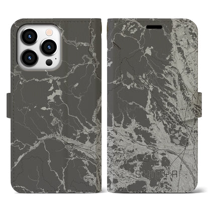 【塩谷（栃木県）】地図柄iPhoneケース（手帳タイプ）モノトーン・iPhone 13 Pro 用