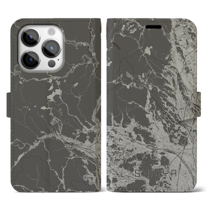 【塩谷（栃木県）】地図柄iPhoneケース（手帳タイプ）モノトーン・iPhone 14 Pro 用