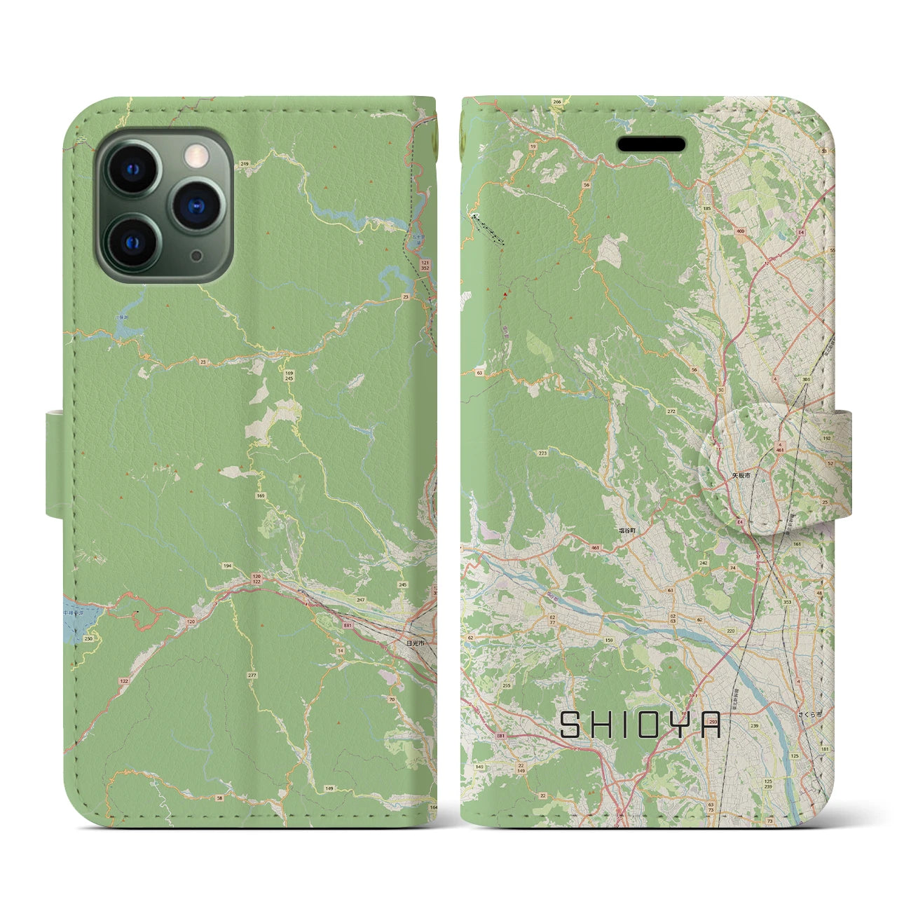 【塩谷（栃木県）】地図柄iPhoneケース（手帳タイプ）ナチュラル・iPhone 11 Pro 用