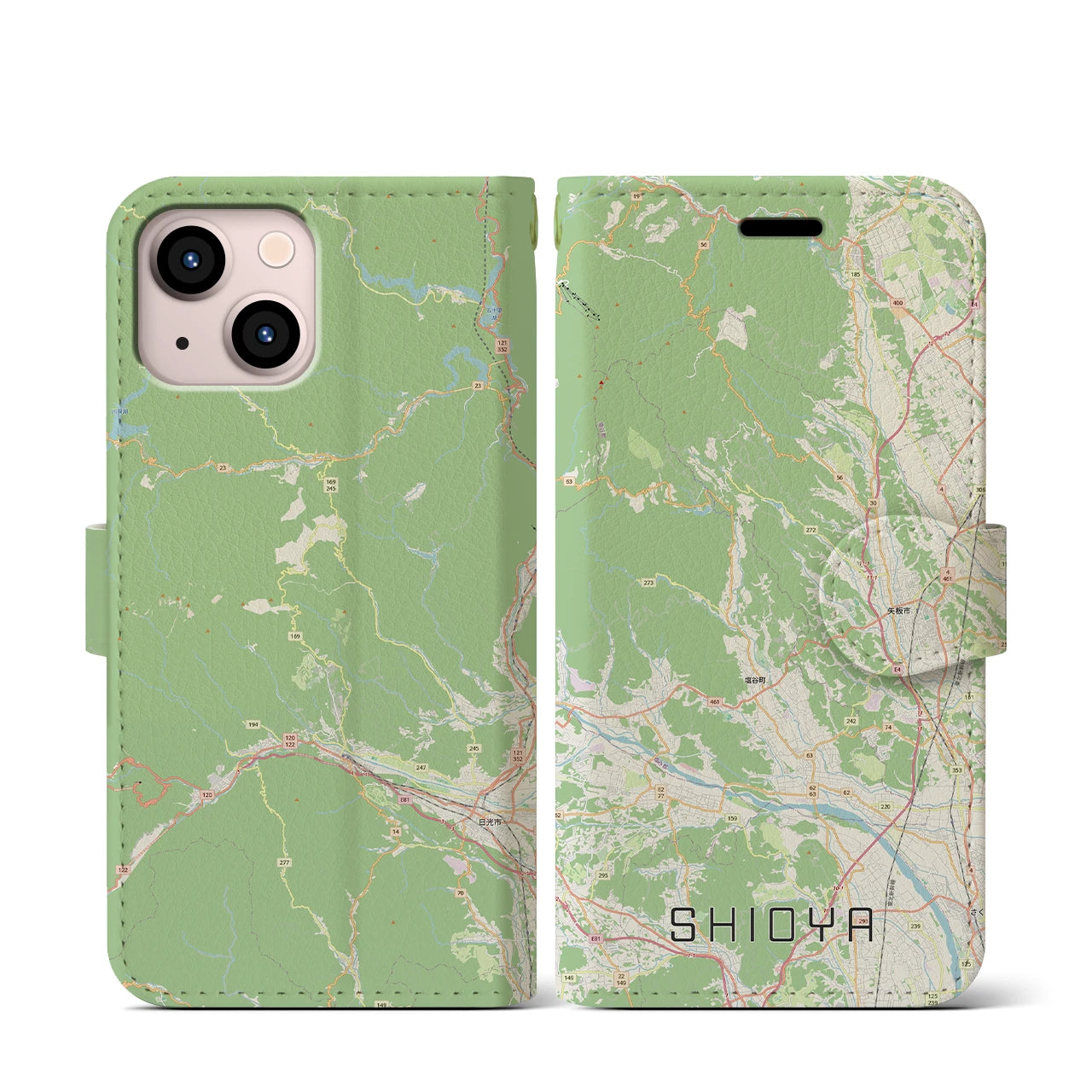 【塩谷（栃木県）】地図柄iPhoneケース（手帳タイプ）ナチュラル・iPhone 13 mini 用