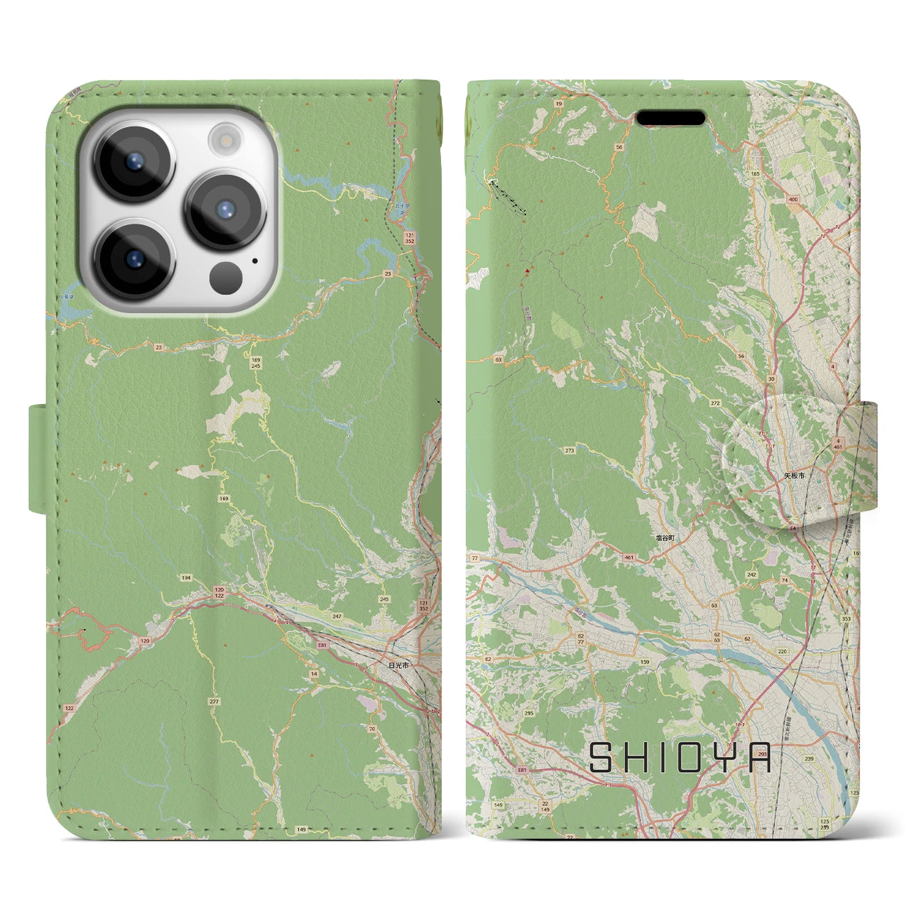 【塩谷（栃木県）】地図柄iPhoneケース（手帳タイプ）ナチュラル・iPhone 14 Pro 用