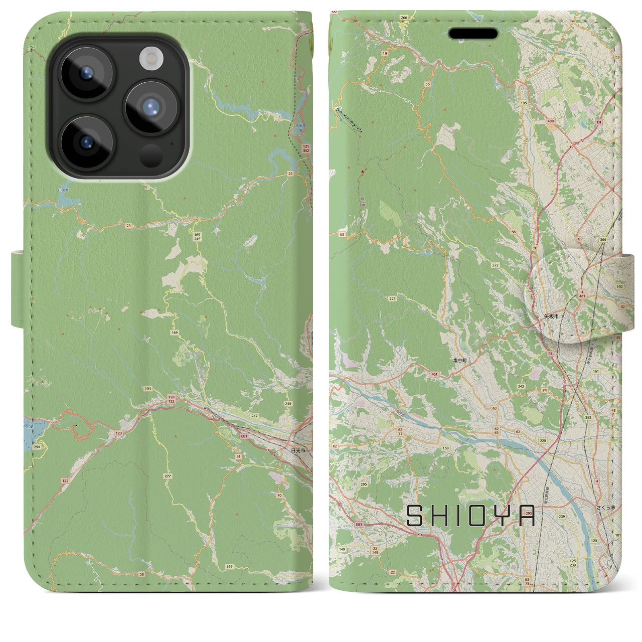 【塩谷（栃木県）】地図柄iPhoneケース（手帳タイプ）ナチュラル・iPhone 15 Pro Max 用