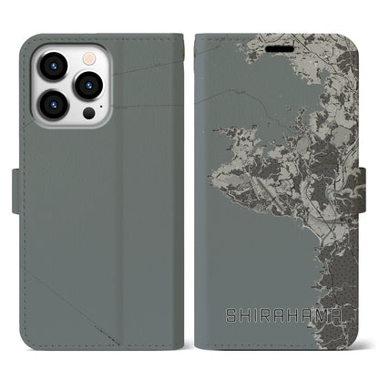 【白浜（和歌山県）】地図柄iPhoneケース（手帳タイプ）モノトーン・iPhone 13 Pro 用