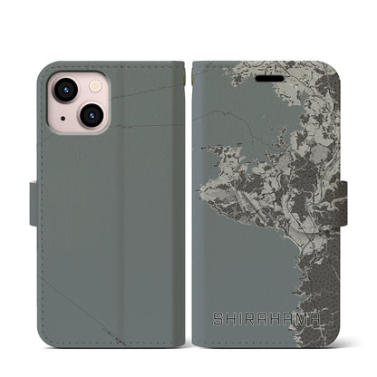 【白浜（和歌山県）】地図柄iPhoneケース（手帳タイプ）モノトーン・iPhone 13 mini 用