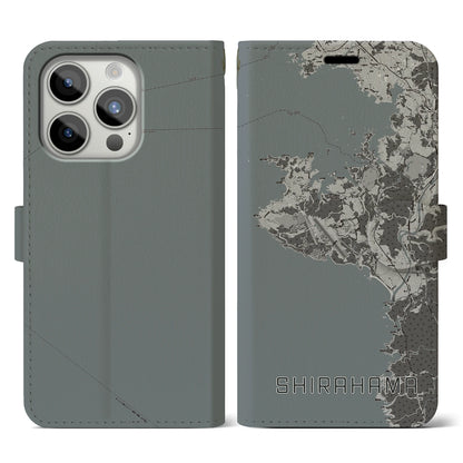 【白浜（和歌山県）】地図柄iPhoneケース（手帳タイプ）モノトーン・iPhone 15 Pro 用