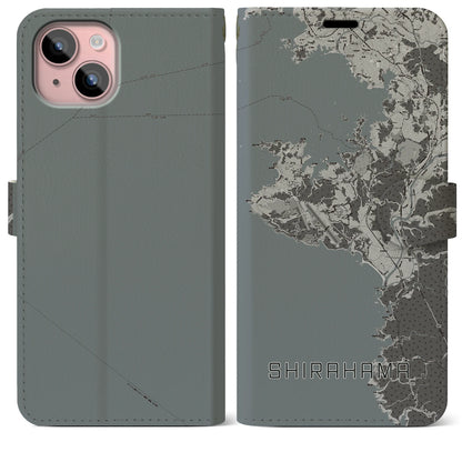 【白浜（和歌山県）】地図柄iPhoneケース（手帳タイプ）モノトーン・iPhone 15 Plus 用