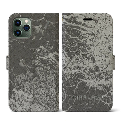 【白河（福島県）】地図柄iPhoneケース（手帳タイプ）モノトーン・iPhone 11 Pro 用