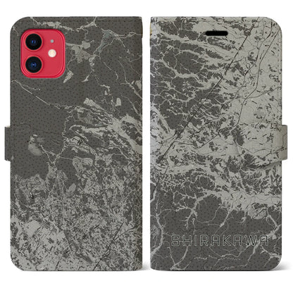 【白河（福島県）】地図柄iPhoneケース（手帳タイプ）モノトーン・iPhone 11 用