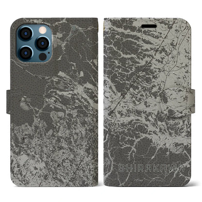 【白河（福島県）】地図柄iPhoneケース（手帳タイプ）モノトーン・iPhone 12 / 12 Pro 用