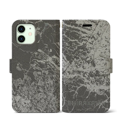 【白河（福島県）】地図柄iPhoneケース（手帳タイプ）モノトーン・iPhone 12 mini 用