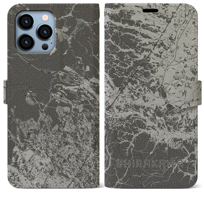 【白河（福島県）】地図柄iPhoneケース（手帳タイプ）モノトーン・iPhone 13 Pro Max 用