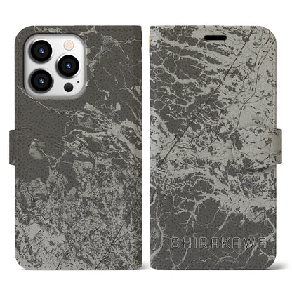 【白河（福島県）】地図柄iPhoneケース（手帳タイプ）モノトーン・iPhone 13 Pro 用