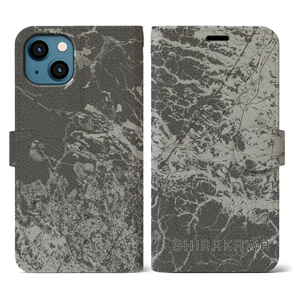 【白河（福島県）】地図柄iPhoneケース（手帳タイプ）モノトーン・iPhone 13 用