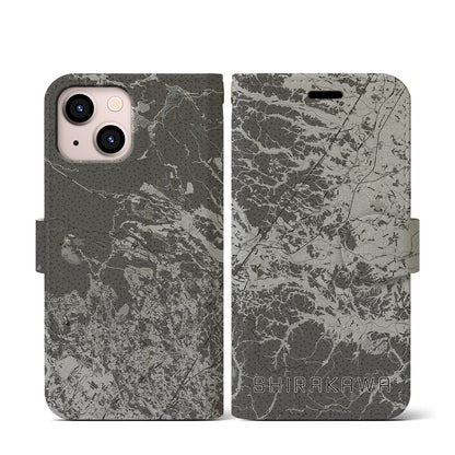 【白河（福島県）】地図柄iPhoneケース（手帳タイプ）モノトーン・iPhone 13 mini 用