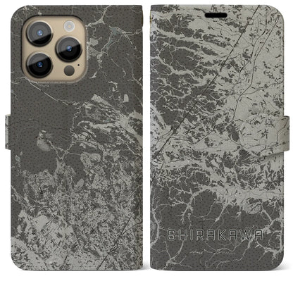 【白河（福島県）】地図柄iPhoneケース（手帳タイプ）モノトーン・iPhone 14 Pro Max 用