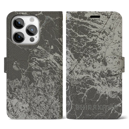 【白河（福島県）】地図柄iPhoneケース（手帳タイプ）モノトーン・iPhone 14 Pro 用