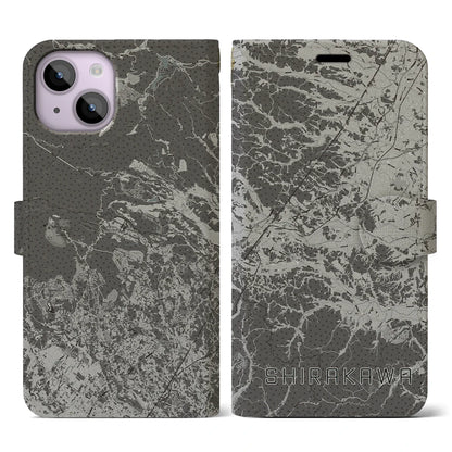 【白河（福島県）】地図柄iPhoneケース（手帳タイプ）モノトーン・iPhone 14 用