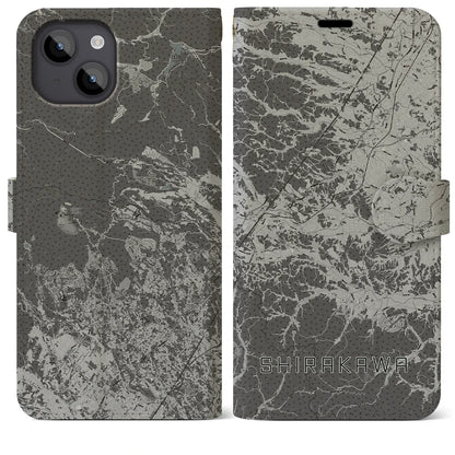 【白河（福島県）】地図柄iPhoneケース（手帳タイプ）モノトーン・iPhone 14 Plus 用