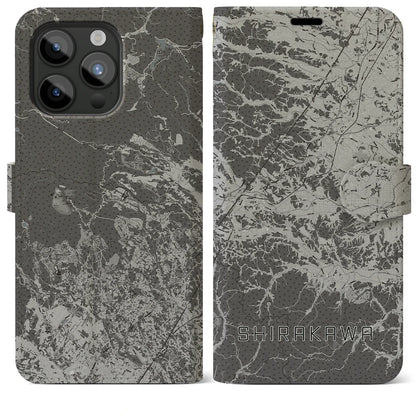 【白河（福島県）】地図柄iPhoneケース（手帳タイプ）モノトーン・iPhone 15 Pro Max 用